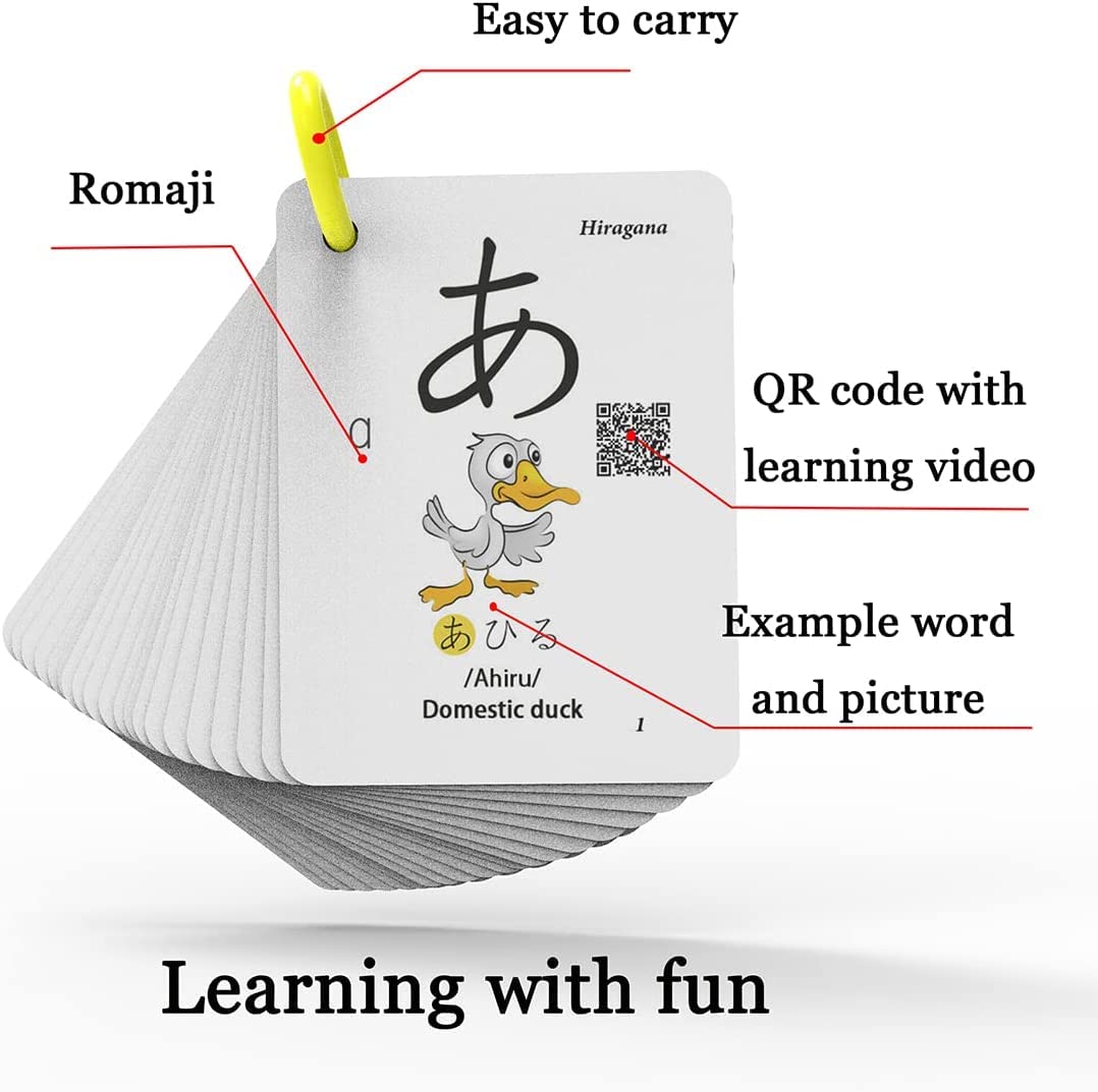 Hiragana and Katakana Alphabet Japanese Flash Cards for Beginners - 104 Katakana & 104 Hiragana Flash Cards with Ring - Easy to Remember and Learning Fast for Kids