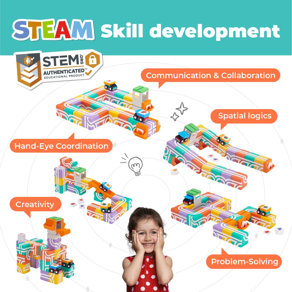 QBI Magnetic Blocks for Toddlers Ages 2-4|STEM Magnetic Building Blocks with Trucks & Fruit Tiles|Montessori Magnet Building Cubes for Kids|Educational Gifts for Boys & Girls Ages 2+ (32PCS)