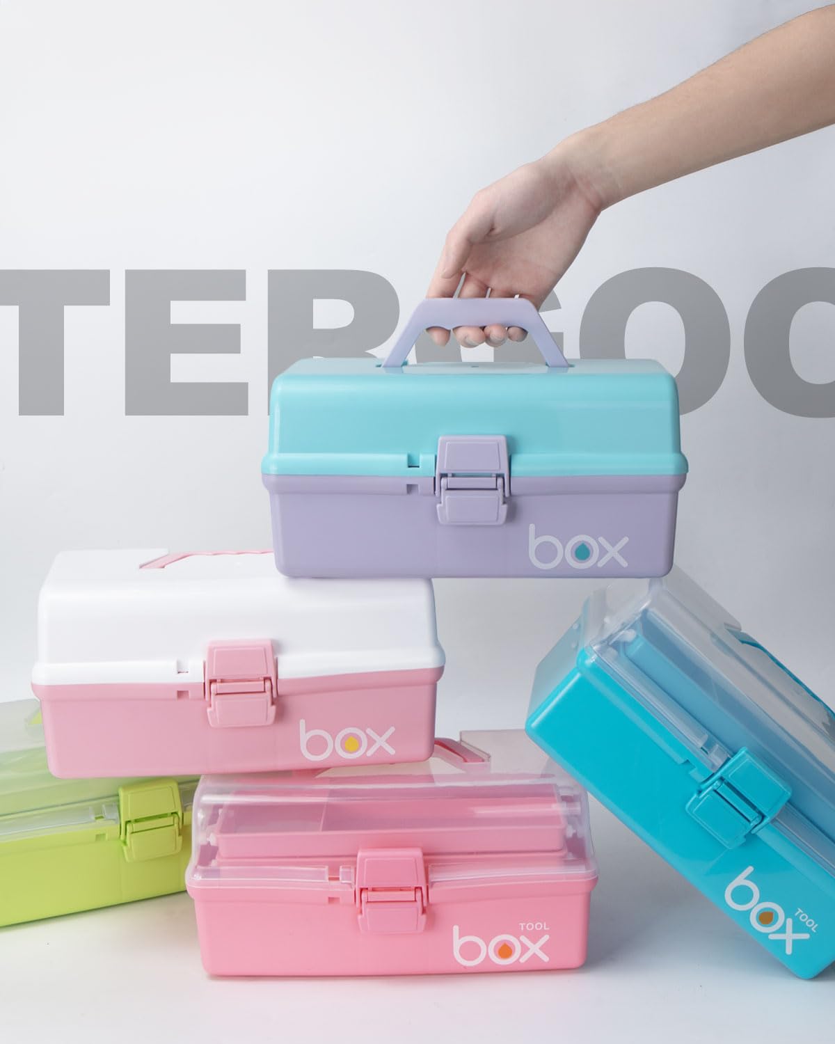 TERGOO 12in 3-Layer Plastic Craft Organizers and Storage, Portable Folding Tackle Box with Handle & Adjustable Dividers, Multipurpose Case for Sewing, Art Supplies, Medicine, Tools (Pink)