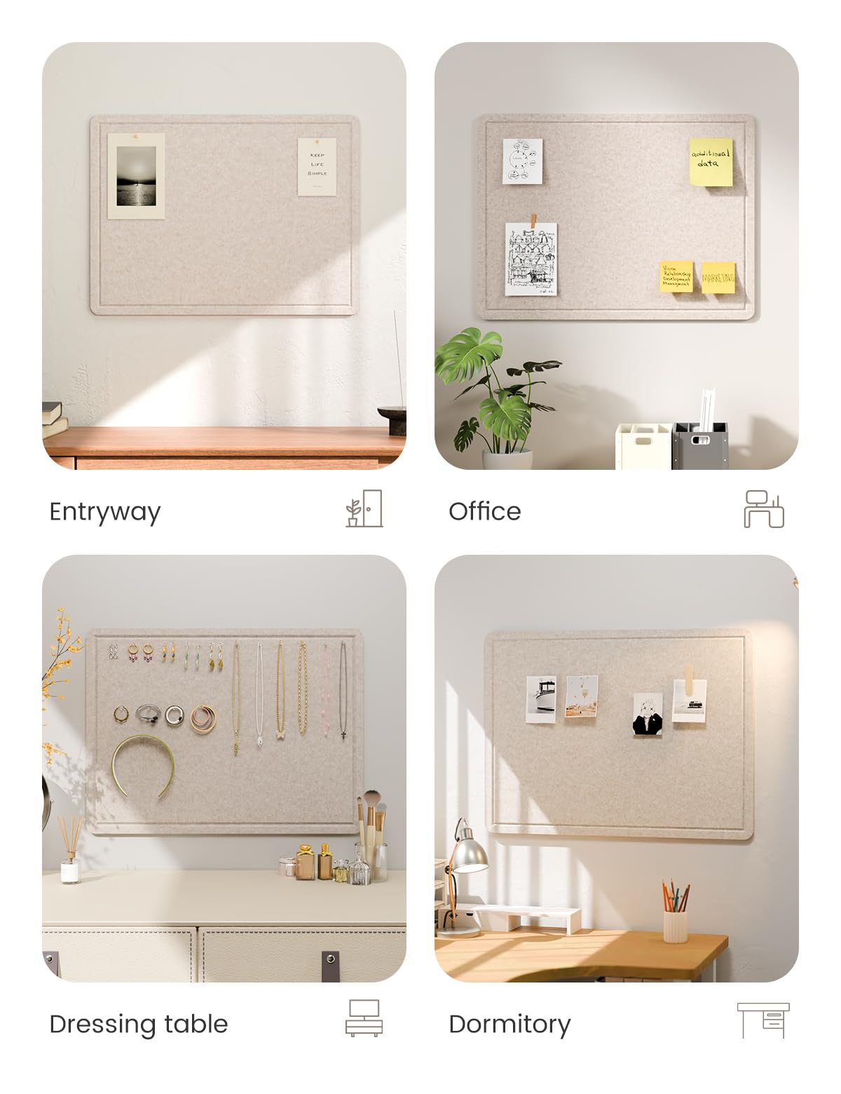 Fluxynara Bulletin Board, 23.6" x 17.5" Cork Board Alternative with 12 Safe Removable Adhesive Tabs, Foldable Felt Pin Board for Home Office, Classroom, Bedroom,Entryway for Walls—Oatmeal