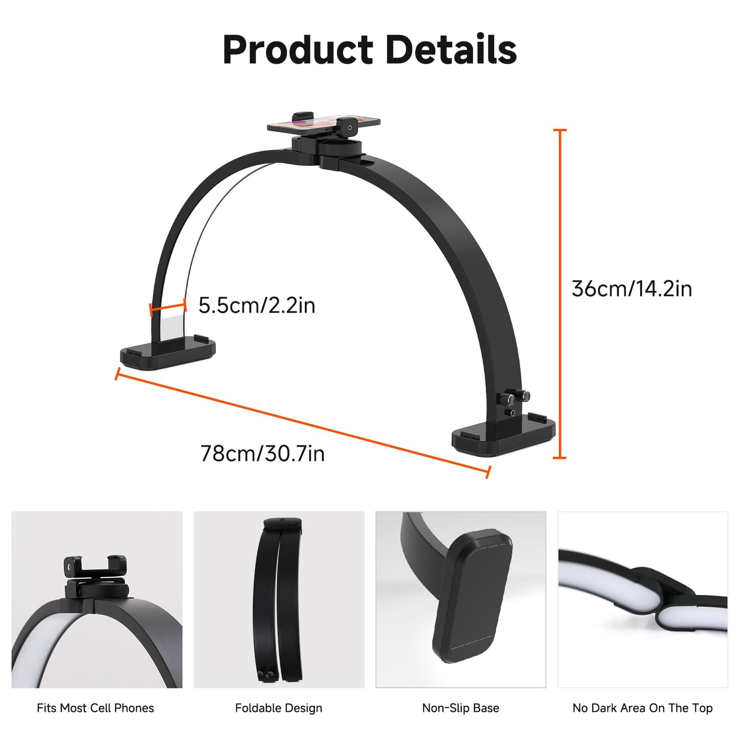 Welinspift 45W Half Moon LED Arch Lamp with Phone Holder, Dimmable 3000K-6500K, Black, Model ML-800A