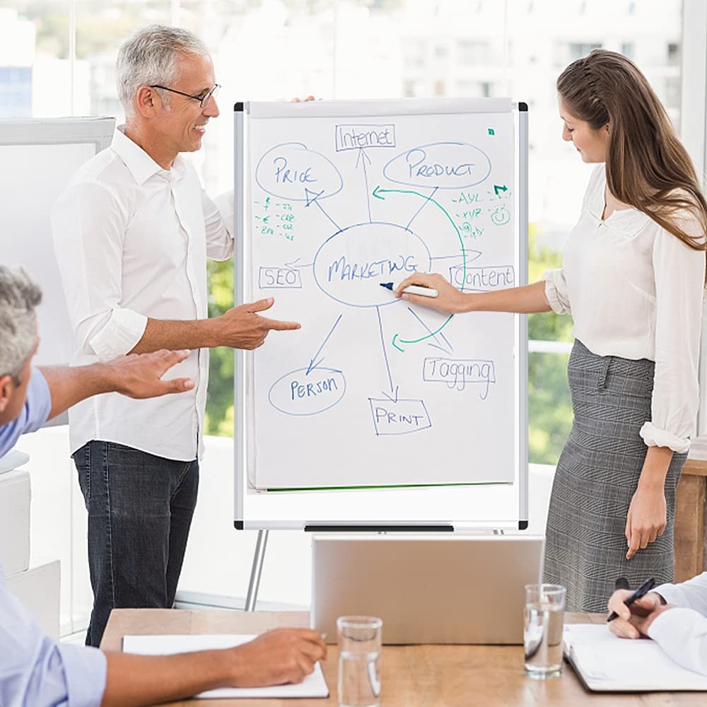 VIZ-PRO Whiteboard Easel, 36 x 24 Inches, Portable Dry Erase Board Height Adjustable With Flipchart Pad