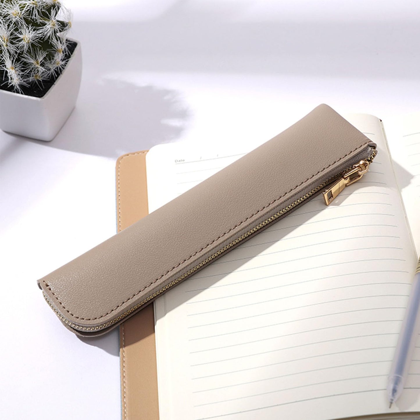 YONBEN Faux Leather Pencil Case Small Pencil Pouch Slim Pen Case Holder Zipper Bag for School Office(Pink,Faux Leather)
