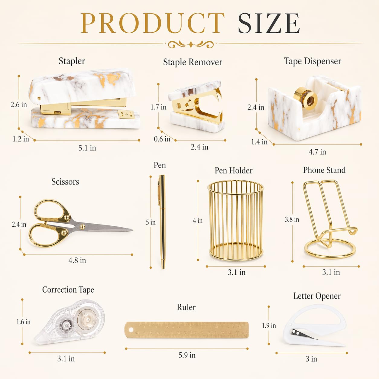 Office Desk Accessories Supplies - 13 Pcs Women Gold Marble Desk Decor Set, Cute Aesthetic Office Essentials Kit, Stapler Tape Dispenser Pen Organizer, Acrylic Mini Teacher Stuff for School Home Work