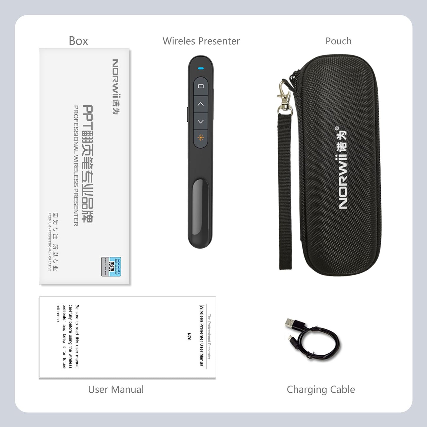 Norwii N76 Rechargeable Presentation clicker, Long Range Presentation Remote, Wireless Presenter, Pointer for PowerPoint Presentations, Slide Control - Green Light+Case