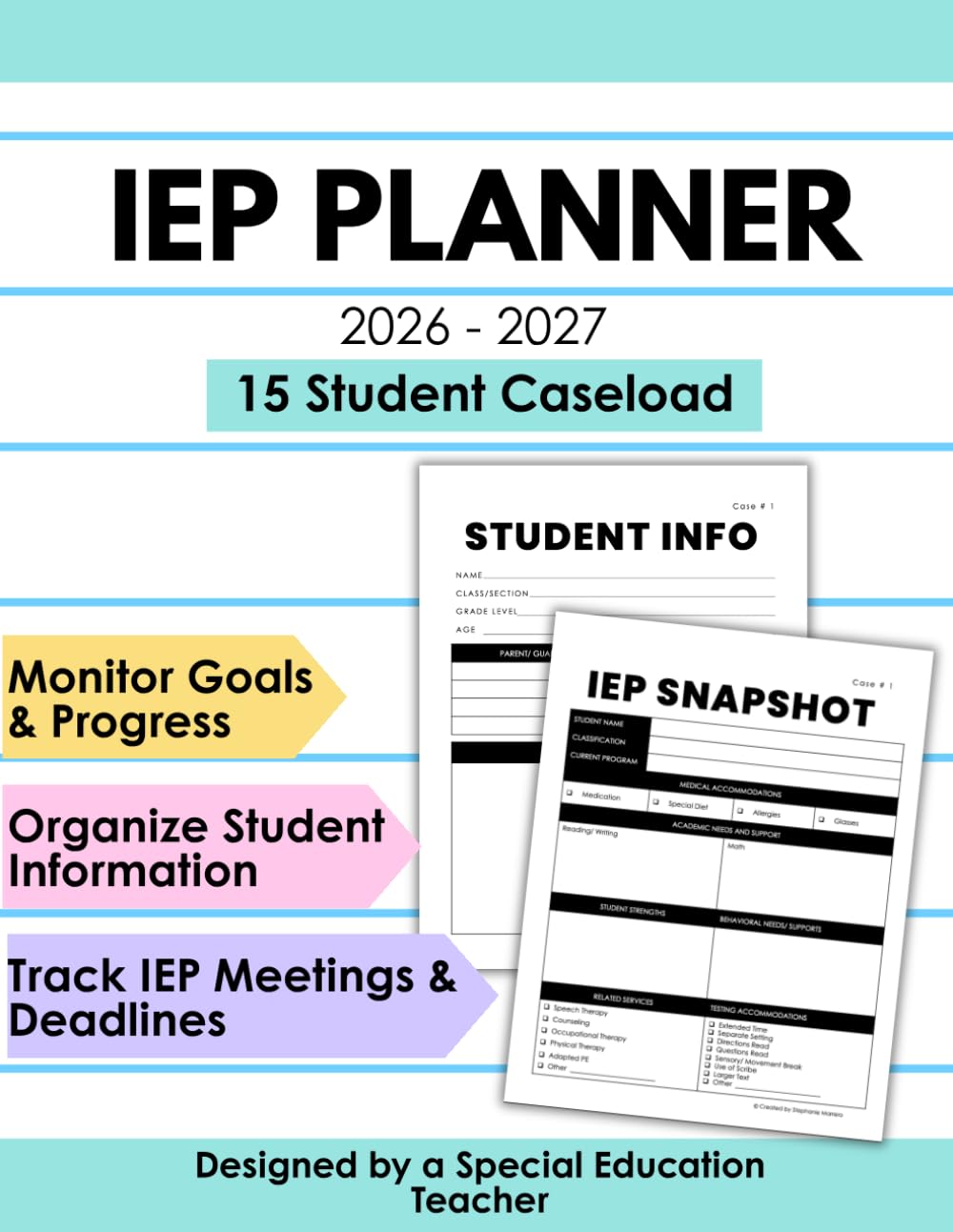 IEP Planner 2026–2027 | Special Education Teacher Caseload Organizer (15 Students) | Track IEP Meetings, Goals & Student Data | SPED, Speech, Counseling, Homeschool (IEP Planners for 2026-2027)