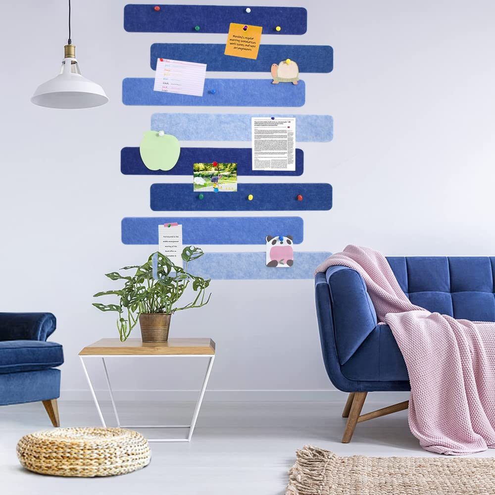 Vuzvuv 8 pcs Bulletin Board Bar Strips with 50 Pushpins & 10 Wooden Clip pins,Self Adhesive Cork Board for Wall,Felt Pin Board for School,Office Decor(Blue)