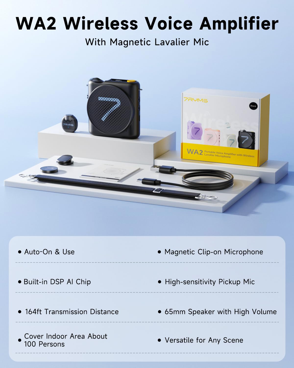 7RYMS WA2 Wireless Voice Amplifier for Teacher, Elderly with Magnetic Lavalier Mic, Personal Classroom Amplifier-Noise Canceling, 23H Working, 164ft Range, Mini Pa System for Teaching Tour Guide Yoga