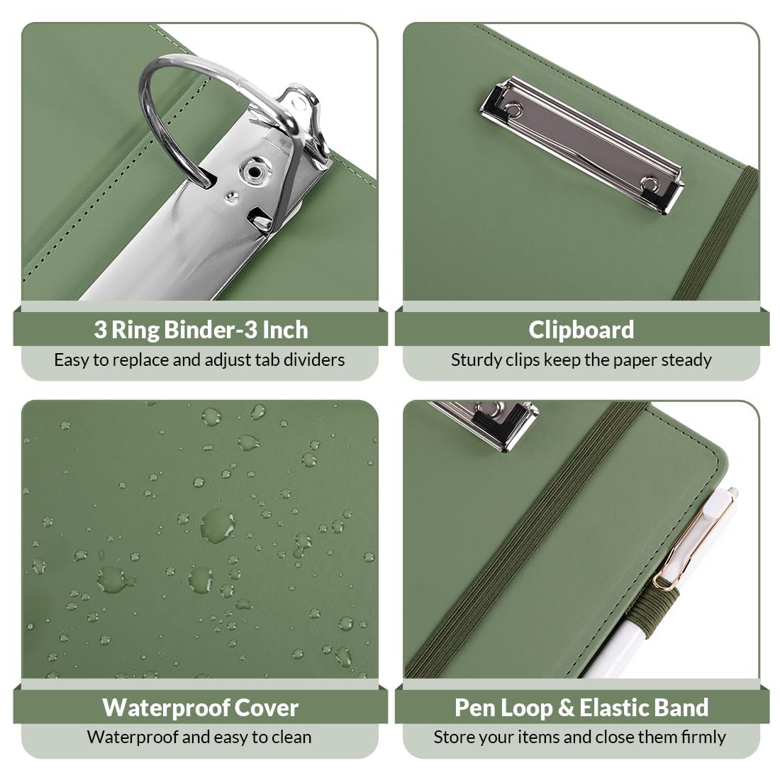 SKYDUE 3 Ring Binder 3 Inch D Ringr with Clipboard, PU Heavy Duty Clipboard Binder with Notepad & 5 Dividers with 5 Pockets, Labels, Clipboard Folder Great for School Office