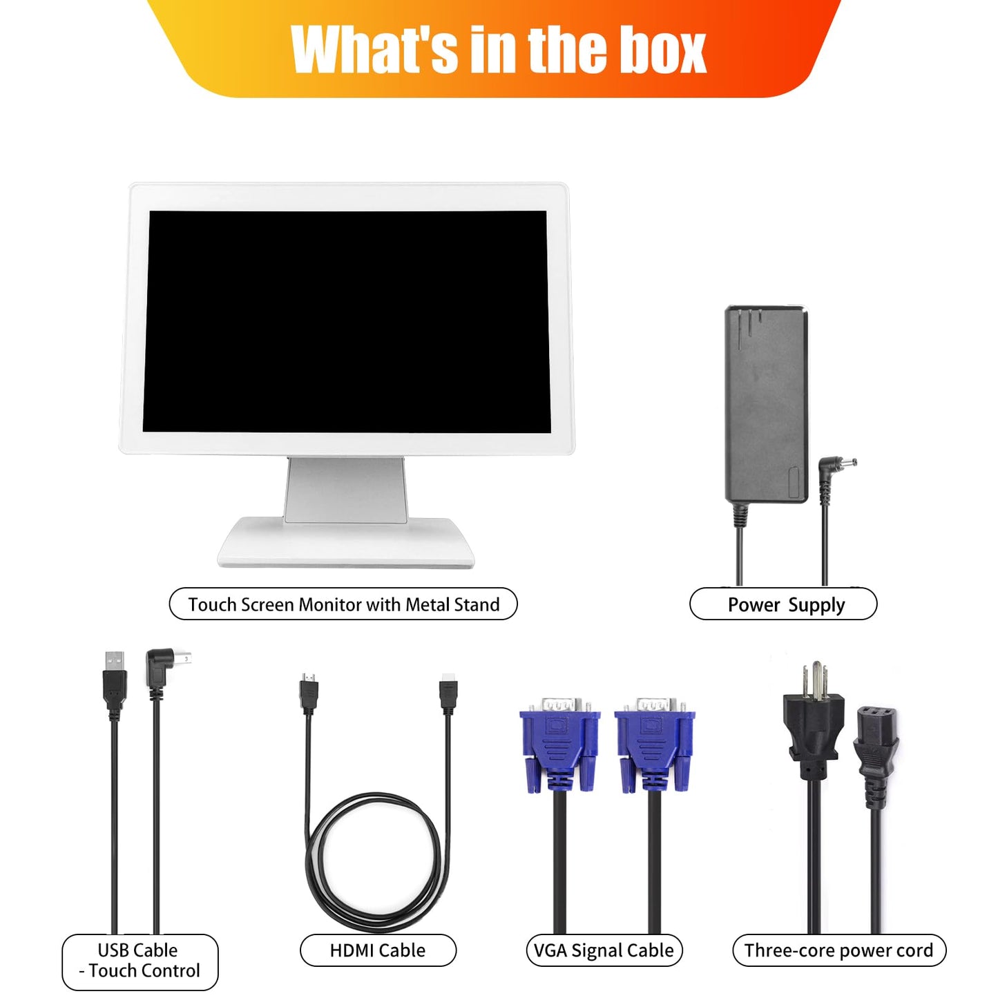 ANGEL POS 15.6 Inch 1920 x 1080 FHD IPS Touchscreen POS Monitor with Metal Stand, 10 Points Touch HDMI VGA, Waterproof Dustproof Screen 1080P, Indusitrial, Office, Retail, Gym, Warehouse (White)