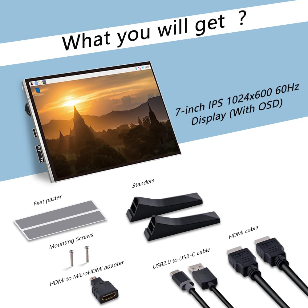 GeeekPi 7-Inch Screen for Raspberry Pi, 1024x600 IPS LCD Display, HDMI Portable Monitor for Pi 5/4B/3B+/3B, Win11/10/8/7, Free-Driver