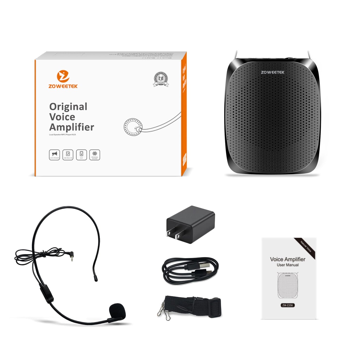 ZOWEETEK ZW-Z258 Portable Rechargeable Mini Voice Amplifier for Teachers with Wired Microphone Headset and Waistband,Supports MP3 Format Audio for Speech, Class, Training,Tour Guide,Power Amplifiers
