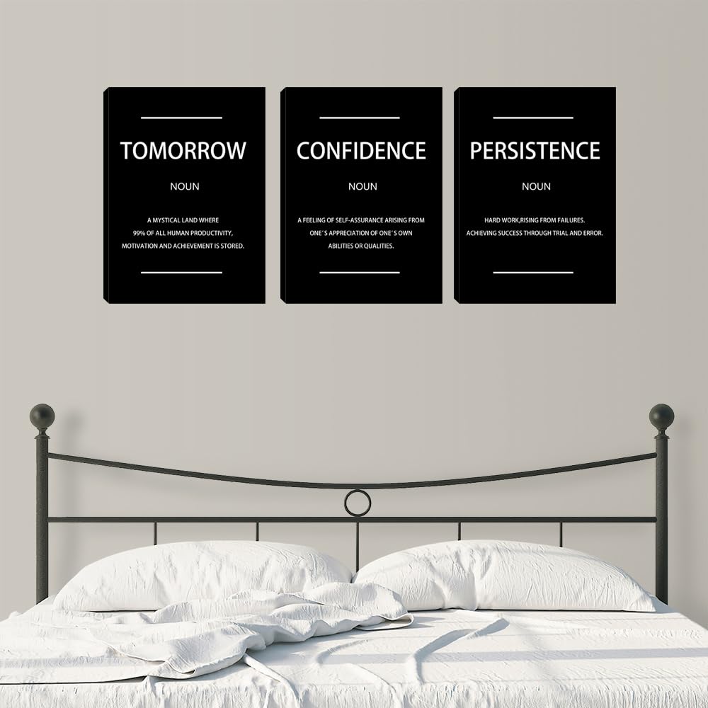 Motivational Black Wall Art Persistence Confidence Tomorrow Noun Inspirational Painting Wall Art 3 Pieces Canvas Print Office Decor Poster Framed Quotes Wall Art Office Decoration - 36" W x 16" H