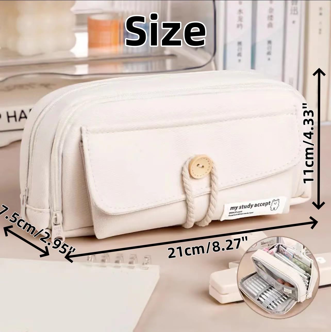 UIVXXUD Simple Style Cotton Rope Pencil Holder - Large Capacity Multi-layered Pencil Case Organizer, Aesthetic Minimalist Fabric Pen Pouch with Zipper, Durable Eco-Friendly Pen Pouch Bag (White Set)