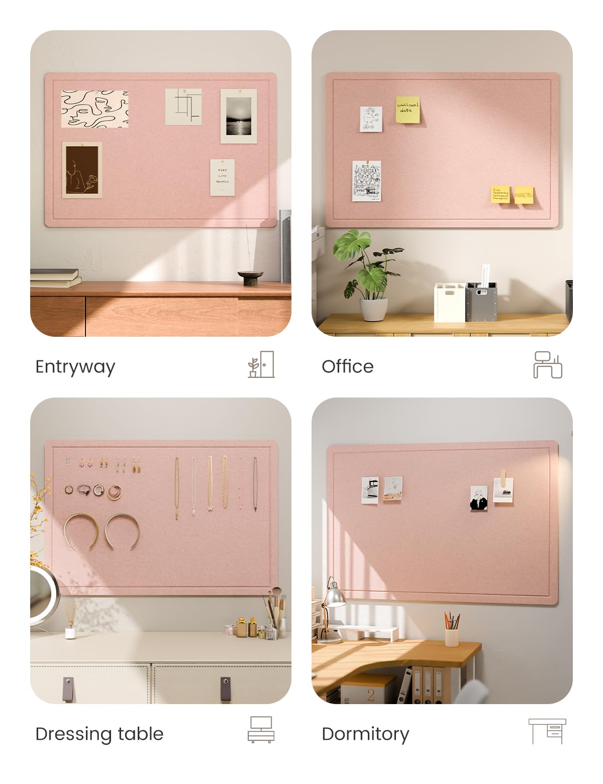 Fluxynara Bulletin Board,35.4" x 23.6" Cork Board Alternative with 12 Safe Removable Adhesive Tabs, Foldable Felt Pin Board for Home Office, Classroom, Bedroom,Entryway for Walls—Pink
