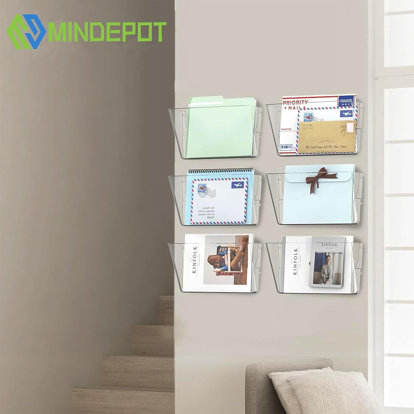 MINDEPOT 3 Pockets Acrylic Wall File Organizer, Clear Wall File Holder, Plastic Hanging Wall File Holder for Office, School and Home, Clear