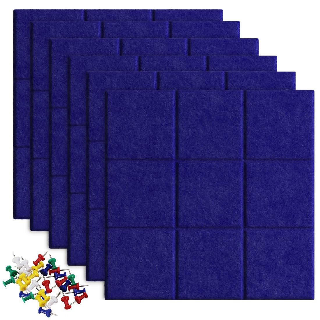 Uoisaiko Large Felt Board Tiles for Wall with 30 Push Pins, 11.8"x11.8" Pack of 6 Pin Board Notice Boards for Home Office Kitchen, Bulletin Board Wall Tiles for Photos Memos (Dark Blue, 6 Pack)