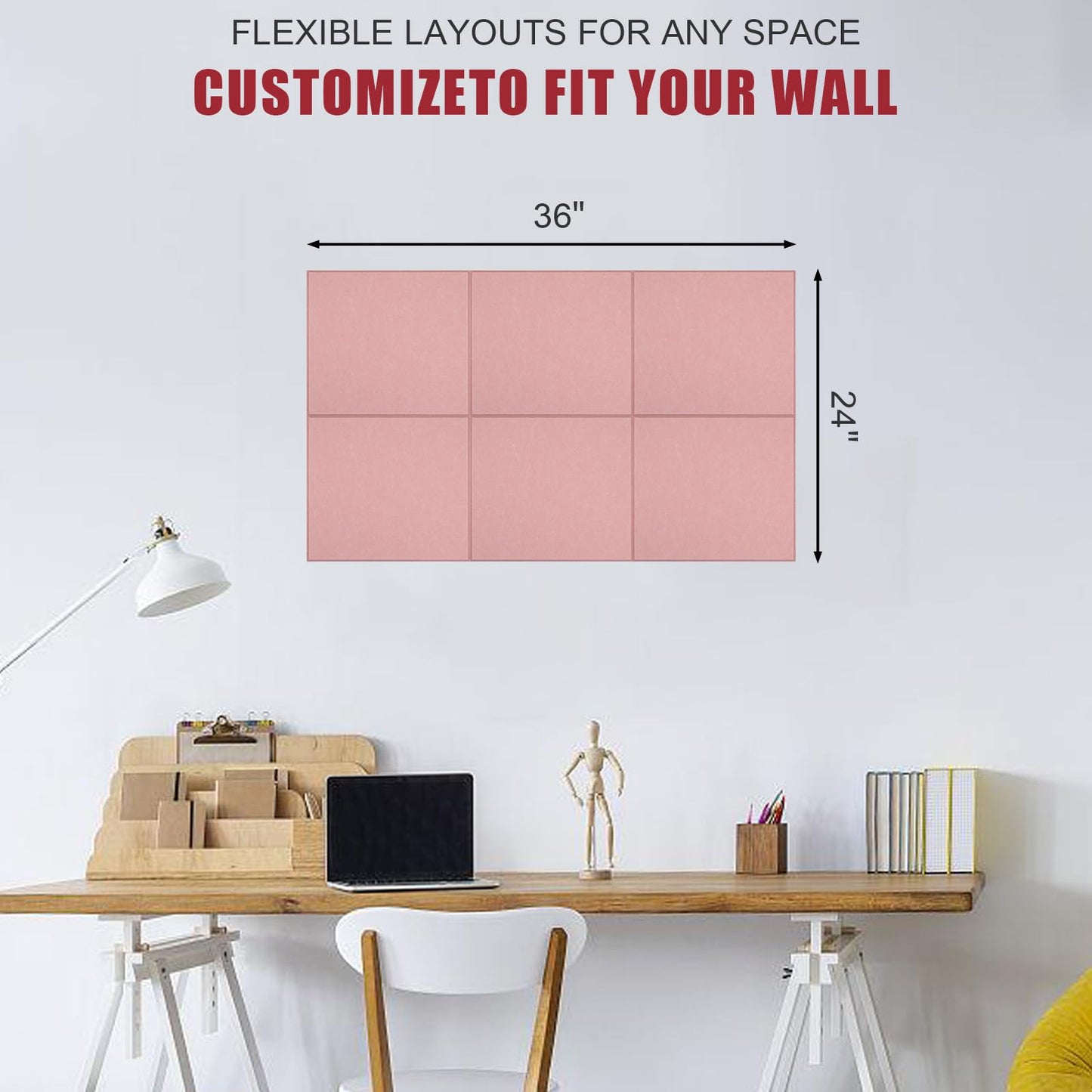 Large Cork Board Alternative 36" X 24" Bulletin Board - 6 Pack Removable Felt Wall Tiles with 30 pushpins, Large Cork Boards for Walls Cork Board for Office Pin Board Tack Board - Pink