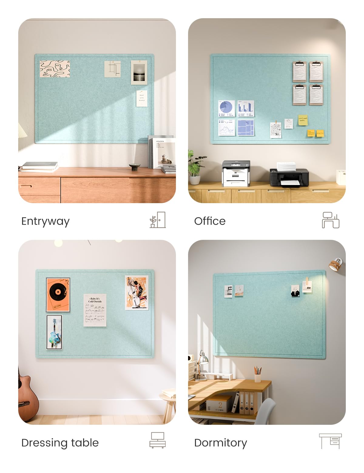 Fluxynara Large Bulletin Board, 47.2" x 35.4" Cork Board Alternative with 24 Safe Removable Adhesive Tabs, Foldable Felt Pin Board for Home Office, Classroom, Bedroom,Entryway for Walls—Aqua Blue