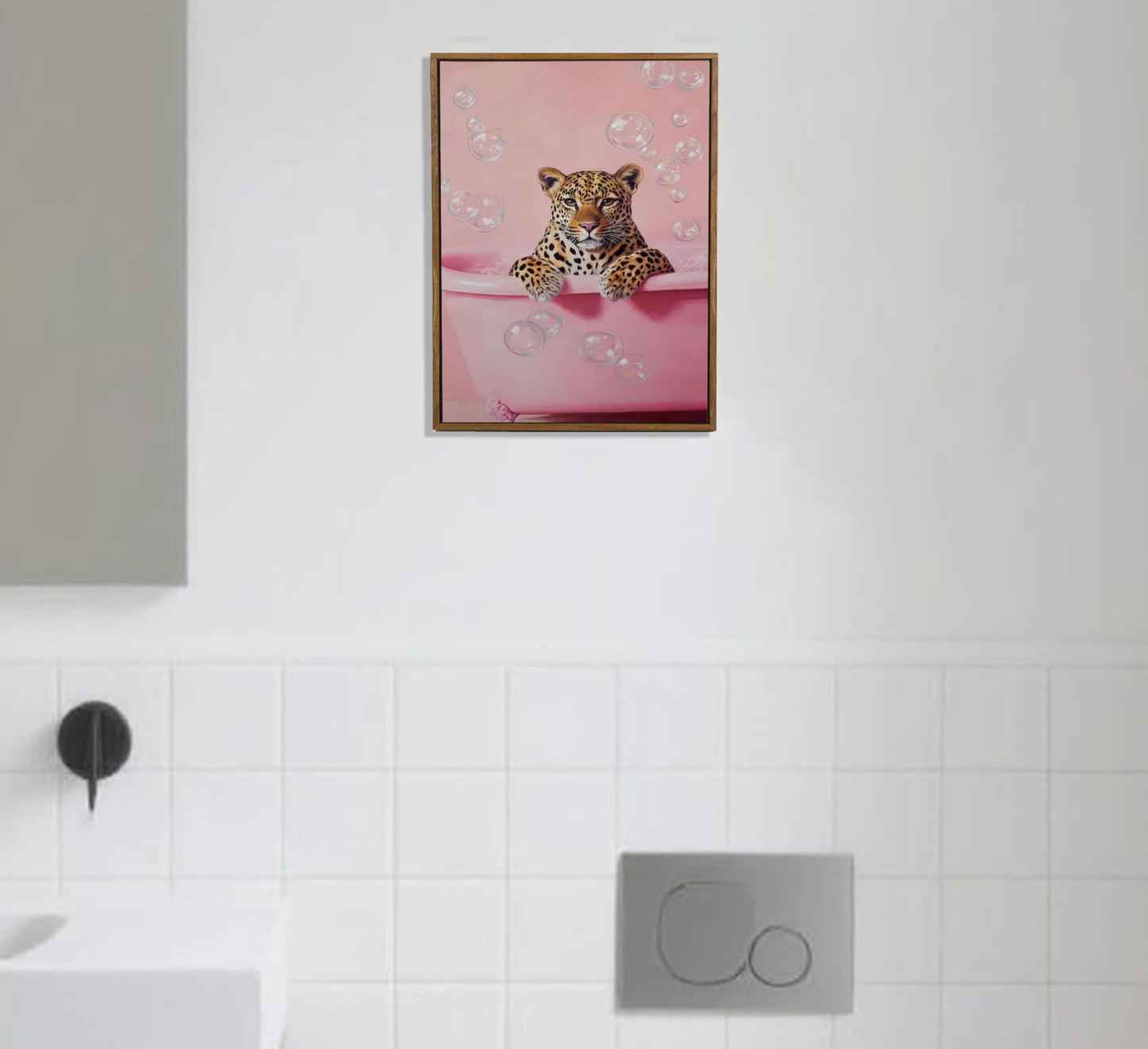 Framed Cheetah Bathroom Wall Art Pink Leopard in Bathtub Canvas Poster Funny Leopard Bathroom Print Maximalist Art Painting Trendy Bath bubbles Wall Decor Ready To Hang