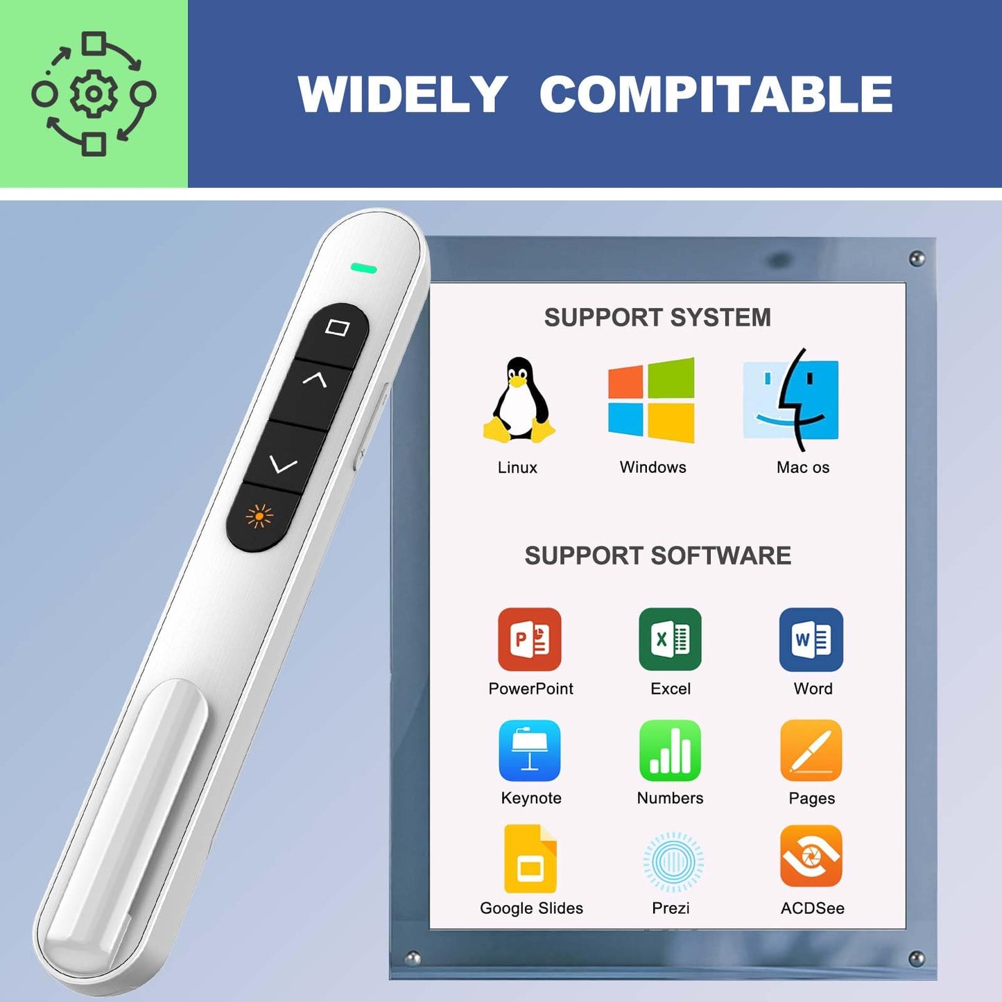 QUI 2 Pack Presentation Clicker, Hyperlink Volume Control Wireless Presenter, RF 2.4GHz USB Presentation Remote Control,PowerPoint Clicker Slide Advancer for Computer, Laptop, Mac (USB, White)