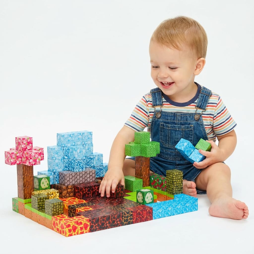 uMadeUs Magnetic Blocks for Kids Ages 4-8 β 100 Pc Dinosaur Toys with Glow-in-the-Dark Dinosaurs β 3D Pixel Cubes, STEM Building Toys for Boys & Girls Ages 3-12
