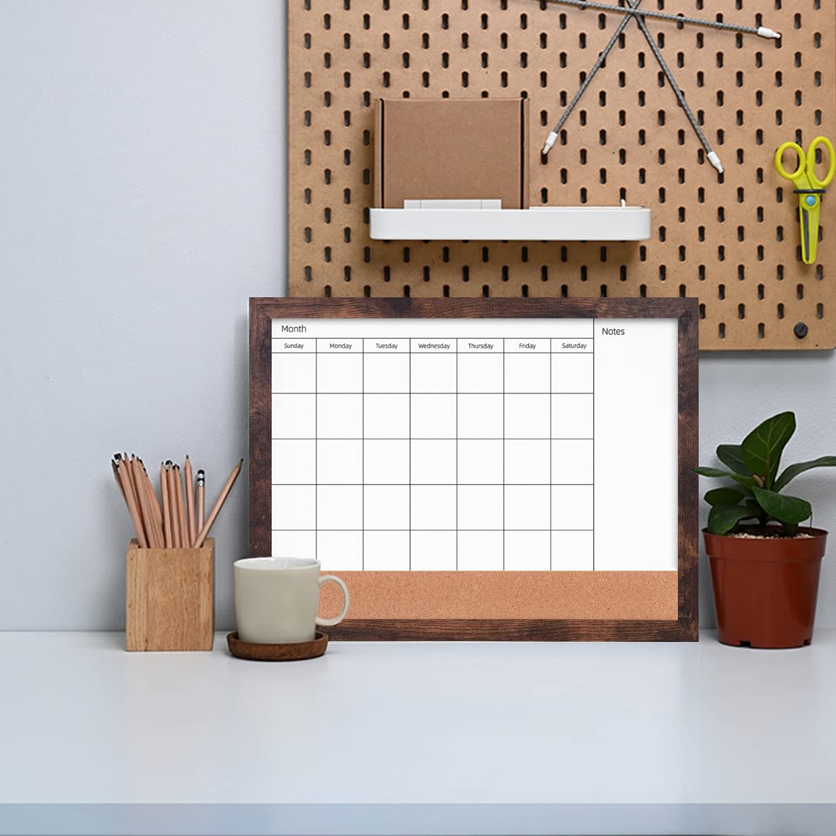 Dry Erase Calendar Whiteboard for Wall, 13" x 17" Small Combination Magnetic Dry Erase White Board & Bulletin Board, Walnut Brown Frame Calendar/Cork Combo Board(WB-3343-B)
