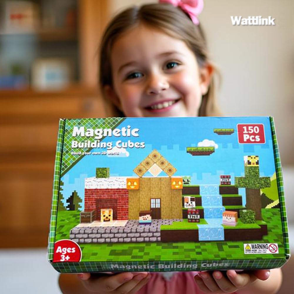 Wattlink Magnetic Building Blocks Set, 150 Pieces Pixel Style Building Cubes, Non-Toxic Construction Toys for Christmas Birthday Gifts, Ages 3+