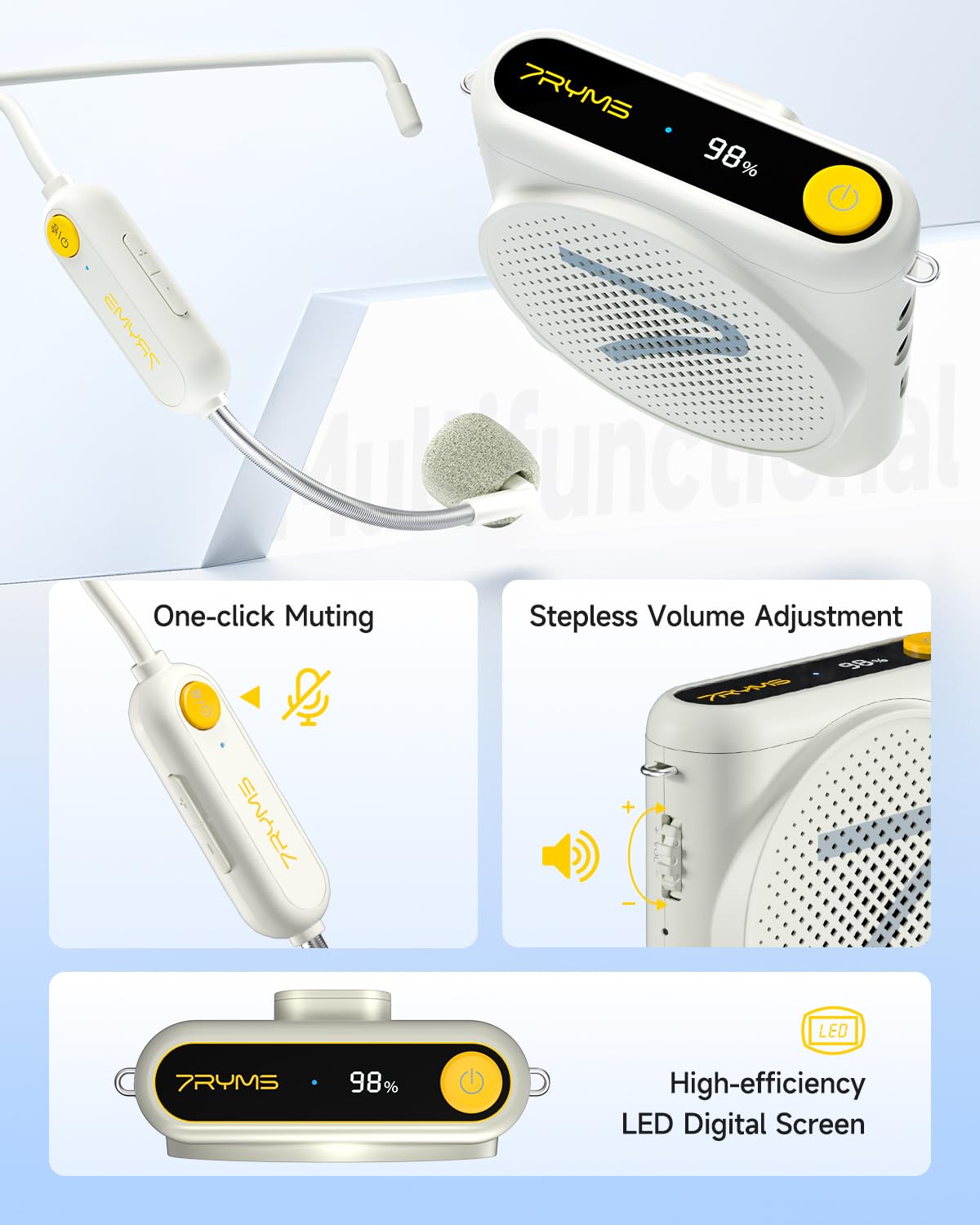 7RYMS WA1 Wireless Voice Amplifier with Headset Microphone for Teachers, Personal Power Amplifier with Noise Canceling, 164ft Range, 23H Working, Microphone Speaker for Teaching, Speech, Yoga(White)