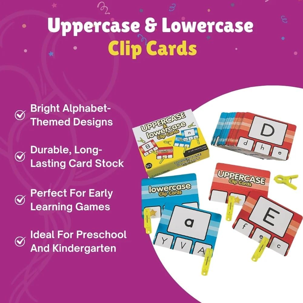 Fun Express Uppercase & Lowercase Letter Clip Card Set - Fun Learning Activities for Kids - Laminated Cardstock, 5” x 4” - Perfect for Early Education - 57-Pieces