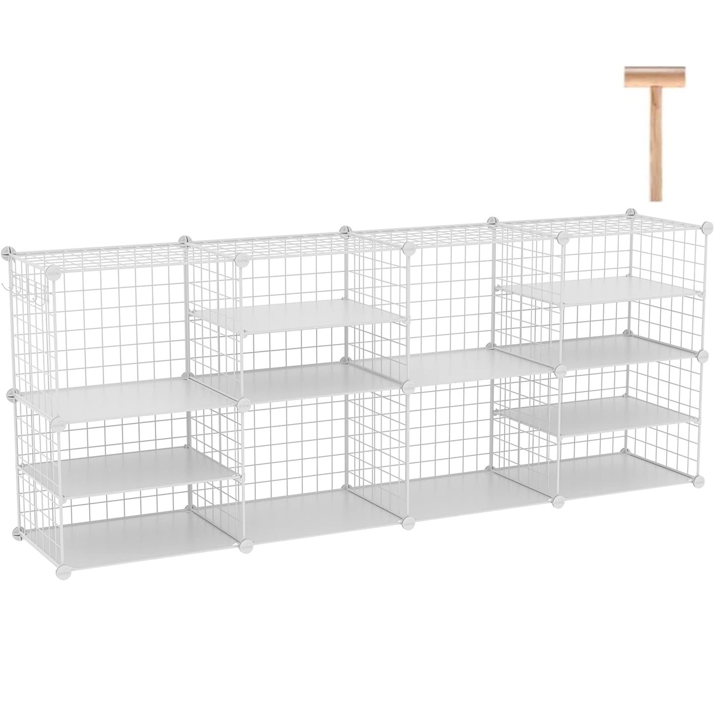 C&AHOME Wire Cube Storage Unit, Interlocking Metal Wire Organizer with Divider Design, Modular Cabinet with Plastic Panels, Bookshelf Stackable Closet Organizer with Small Hooks, White UWCSIM08W