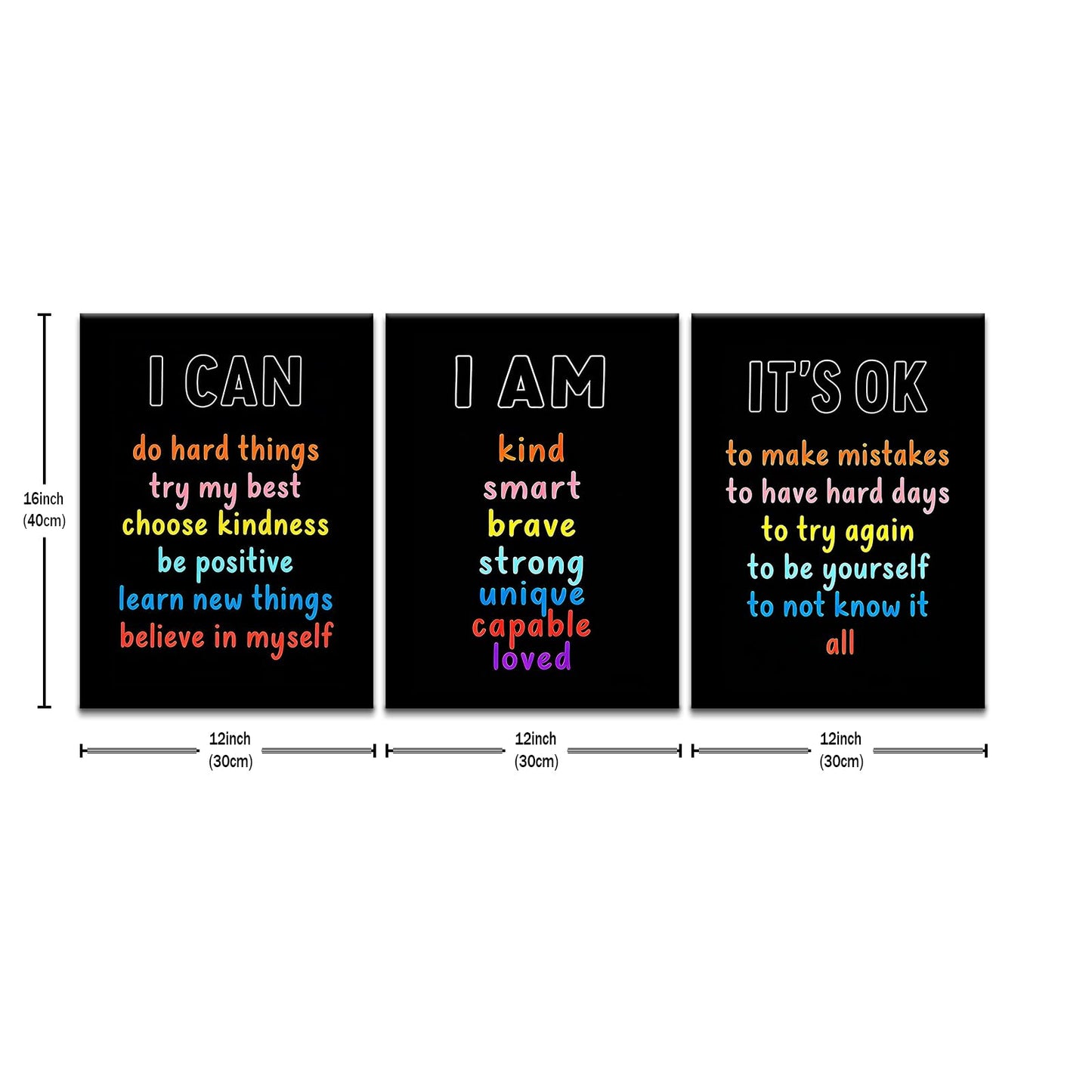 PSYYSP Positive Affirmations Wall Decor For Kids Bedroom Classroom Posters Growth Mindset I Am I Can It Is Ok Inspirational Canvas Art Set 3 Piece Framed Office Decor 16x36 Inch Triptych Artwork
