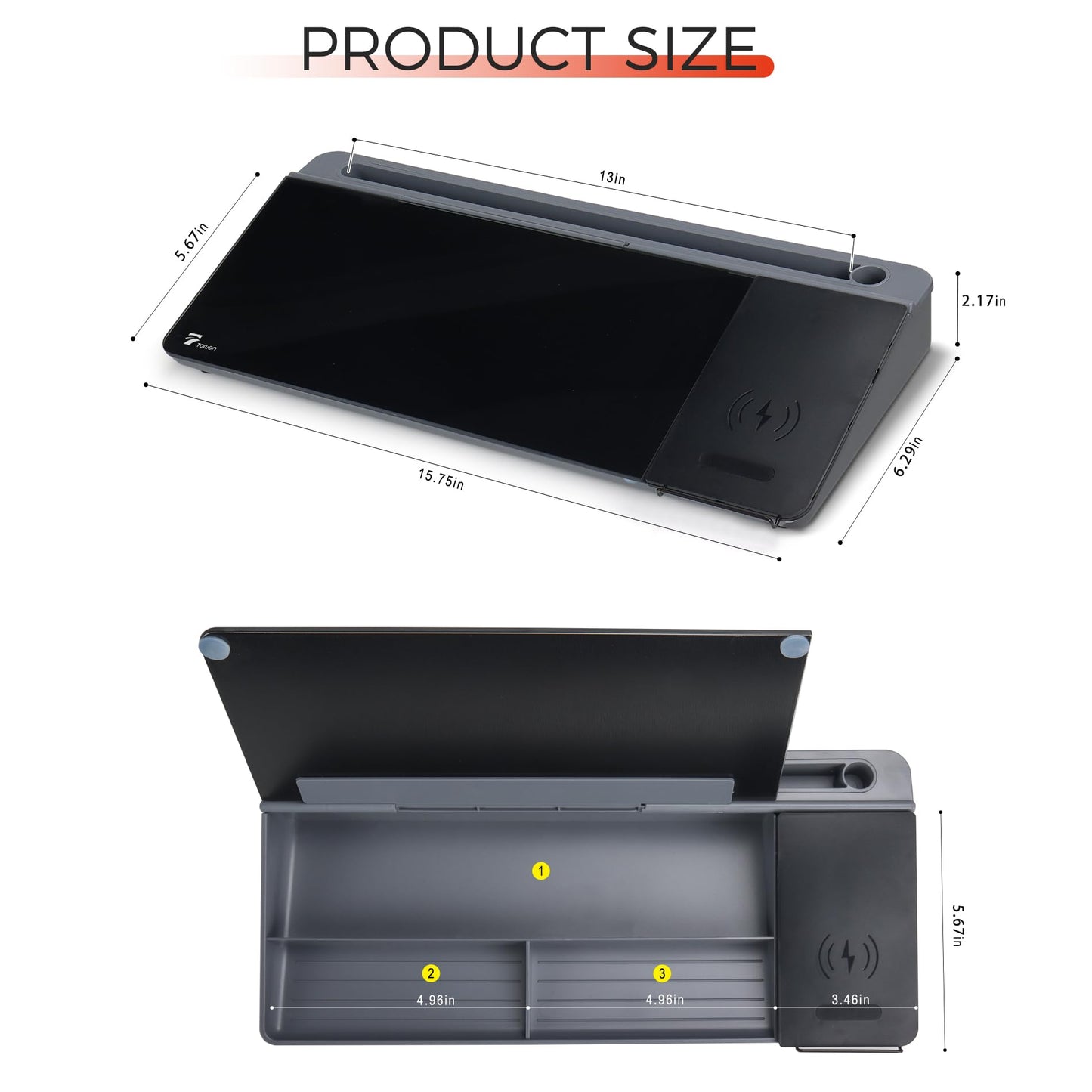 TOWON Glass Desk Whiteboard with Wireless Charger, Desktop Dry Erase Board with Storage & Phone Stand – Compact ~16 x 7 in, Black – Includes Marker & Eraser, Tempered Glass, Rewrite Reusable