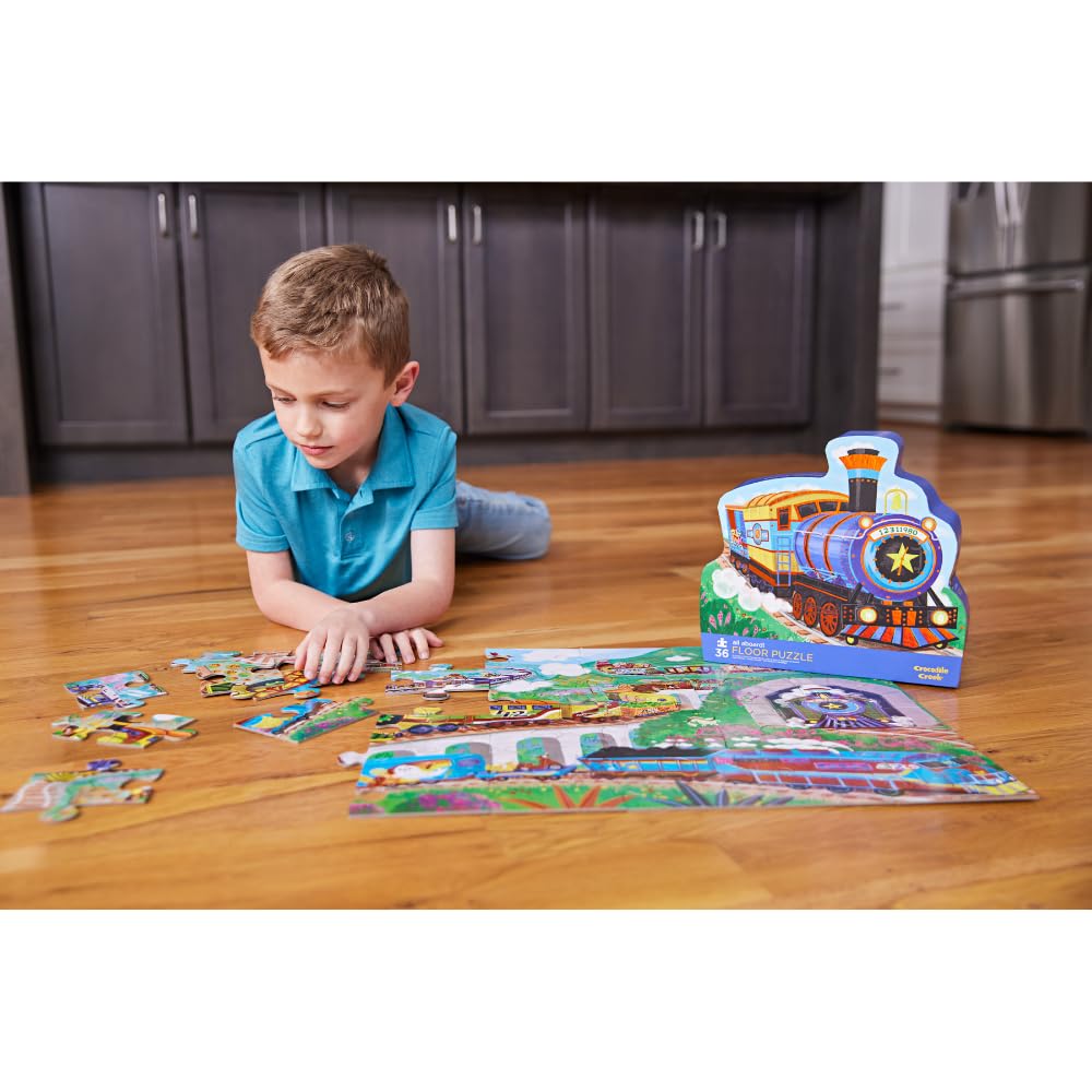 Crocodile Creek 36-Piece Jigsaw Floor Puzzle - Fun Floor Puzzles for Kids Ages 3-5 - Heavy-Duty Shaped Box for Storage - All Aboard - 24" W x 18" H Finished