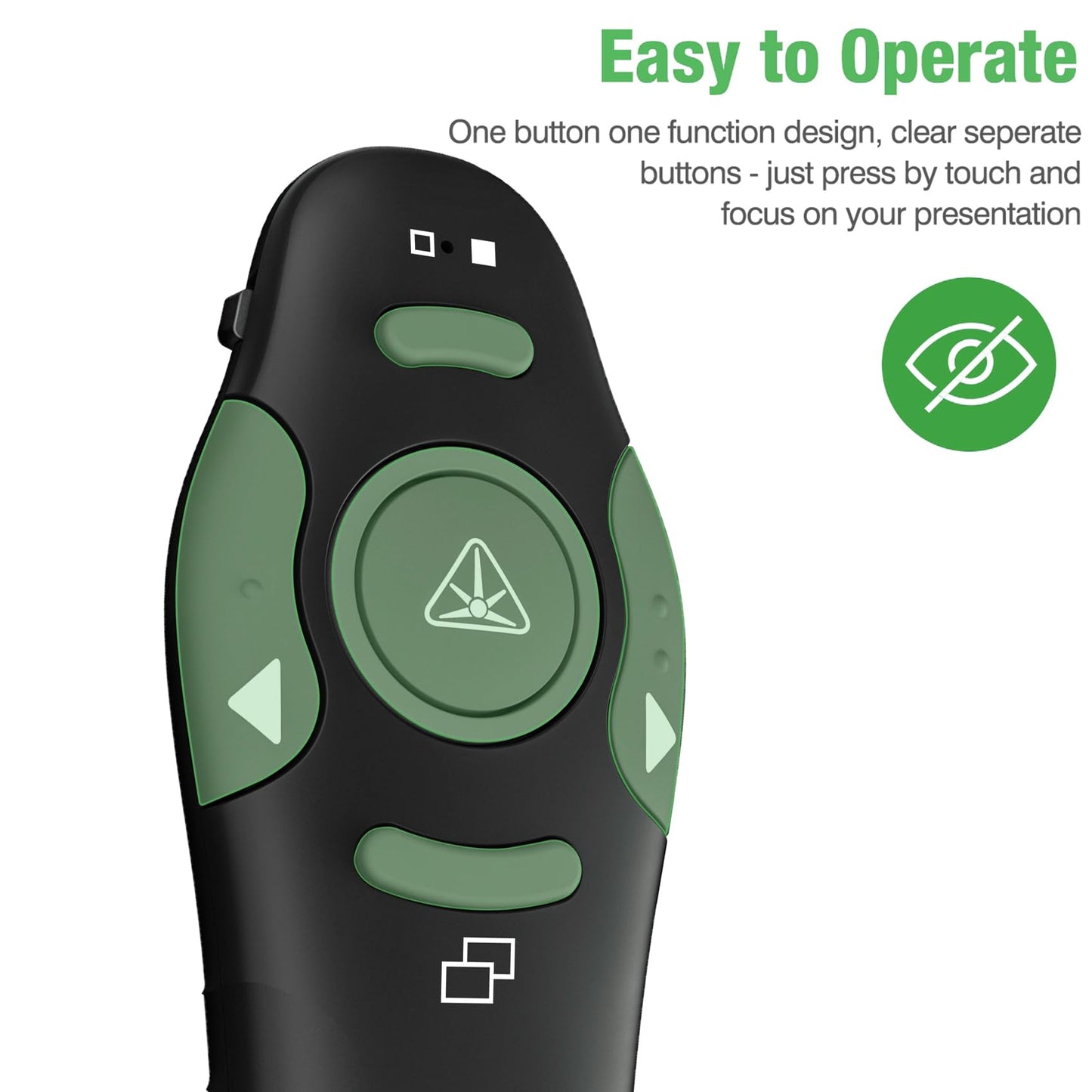 DinoFire Green Presentation Clicker Wireless Presenter Remote, RF 2.4GZ Rechargeable USB Slide Clicker for Powerpoint Presentation Computer Laptop