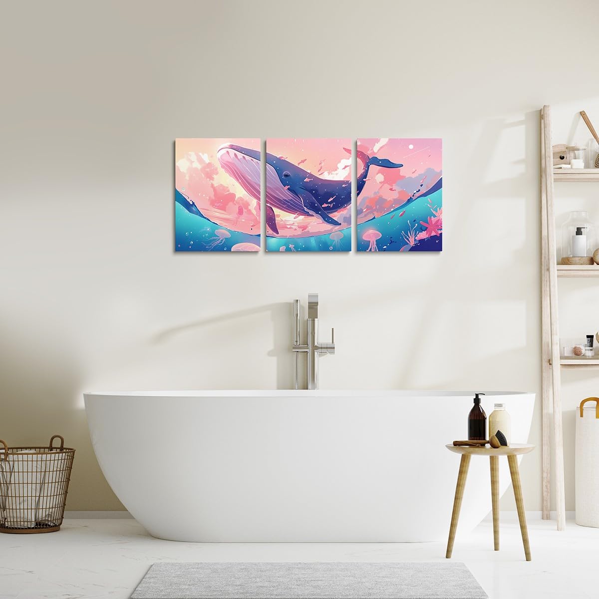 Feelyou Pretty Whale 3 Piece Canvas Wall Art for Living Room Bedroom Jellyfish Wall Art for Home Decor Ocean Animal Office Wall Decor Dreamy Pink Sky Wall Painting