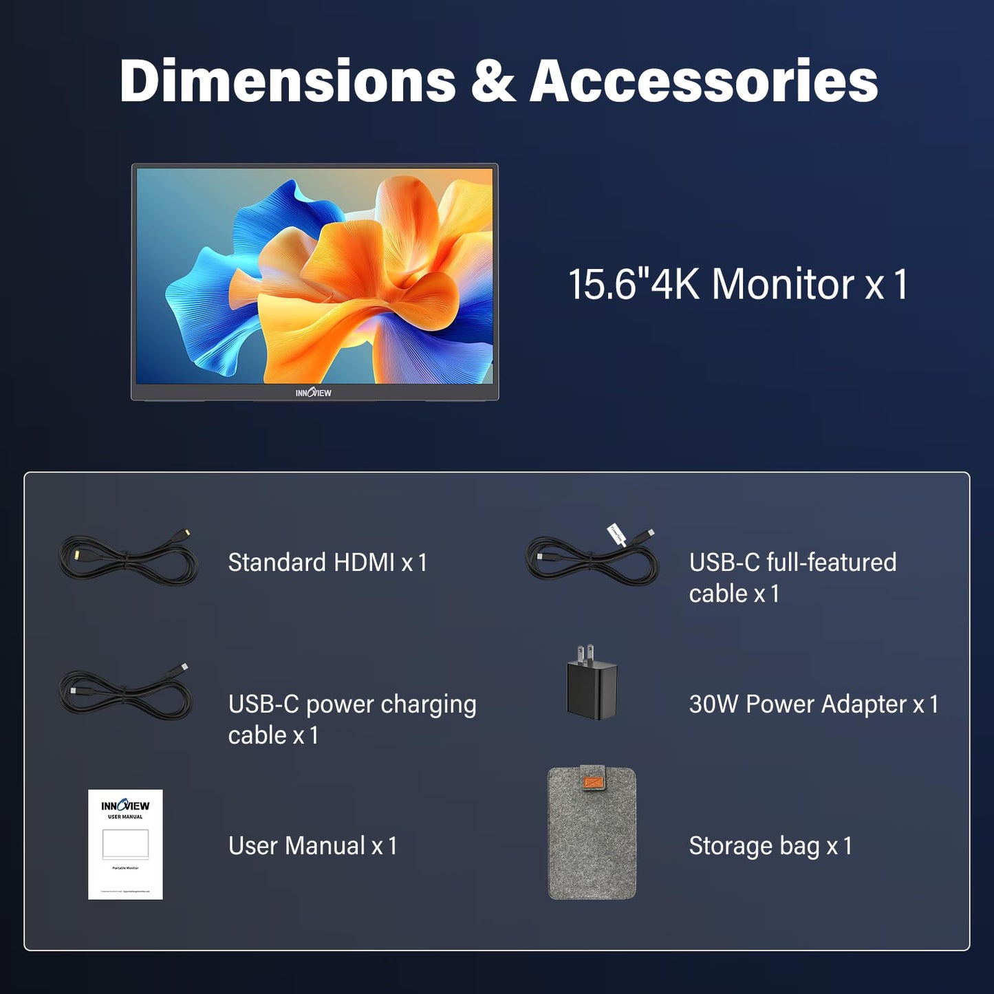 InnoView 15.6" Portable Monitor 60Hz 4K UHD 3840x2160 | 100% sRGB HDR | Travel Monitor with 2 USB-C & HDMI Ports | Second Screen for Laptop Mac PC Xbox PS5 Switch (Includes Adapter)