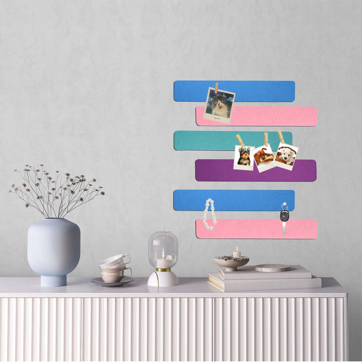 Vuzvuv 8 pcs Bulletin Board Bar Strips with 50 Pushpins & 10 Wooden Clip pins,Self Adhesive Cork Board for Wall,Felt Pin Board for School,Office Decor(Green Blue Pink Purple)
