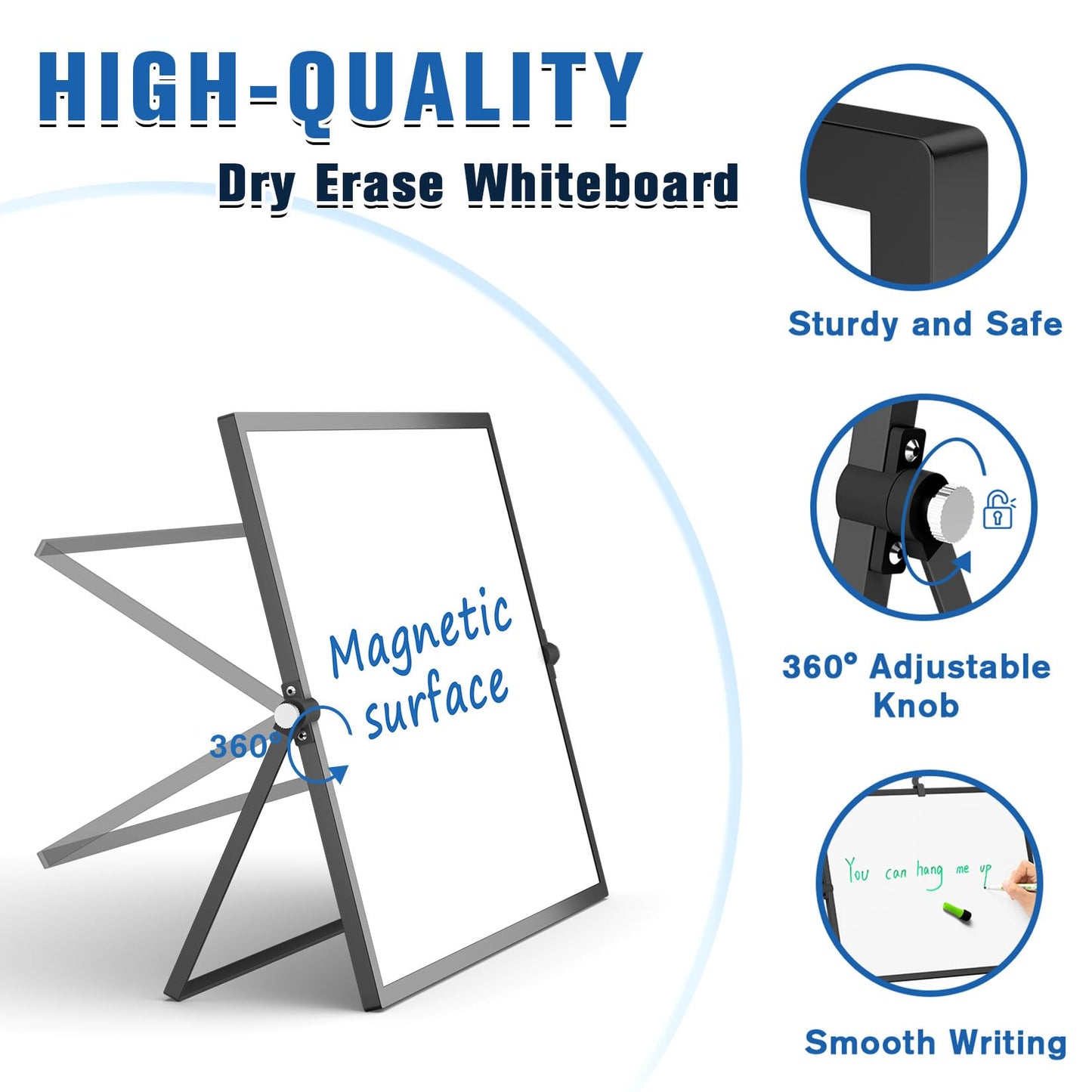 Grtard Dry Erase Magnetic White Board, 16''x12'' Double-Sided Desktop Whiteboard with Stand, Portable Small Whiteboard Set, Dry Erase Board for to-Do Lists, Drawing, Office, Home(Black)