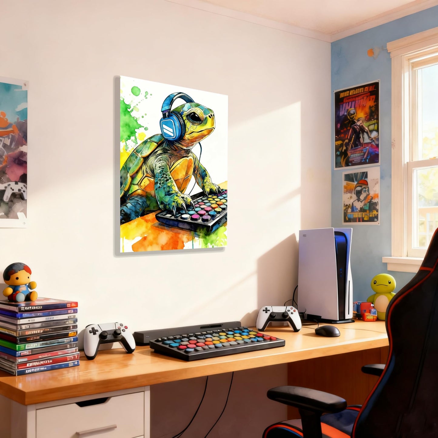 Graffiti DJ Sea Turtle Canvas Wall Art Modern Funny Print 16x24 inch Green Tortoise with Headphones Teen Boy Gaming Room Cool Framed Animal Decor Kids Bedroom Gift Decor Men Office Home Poster