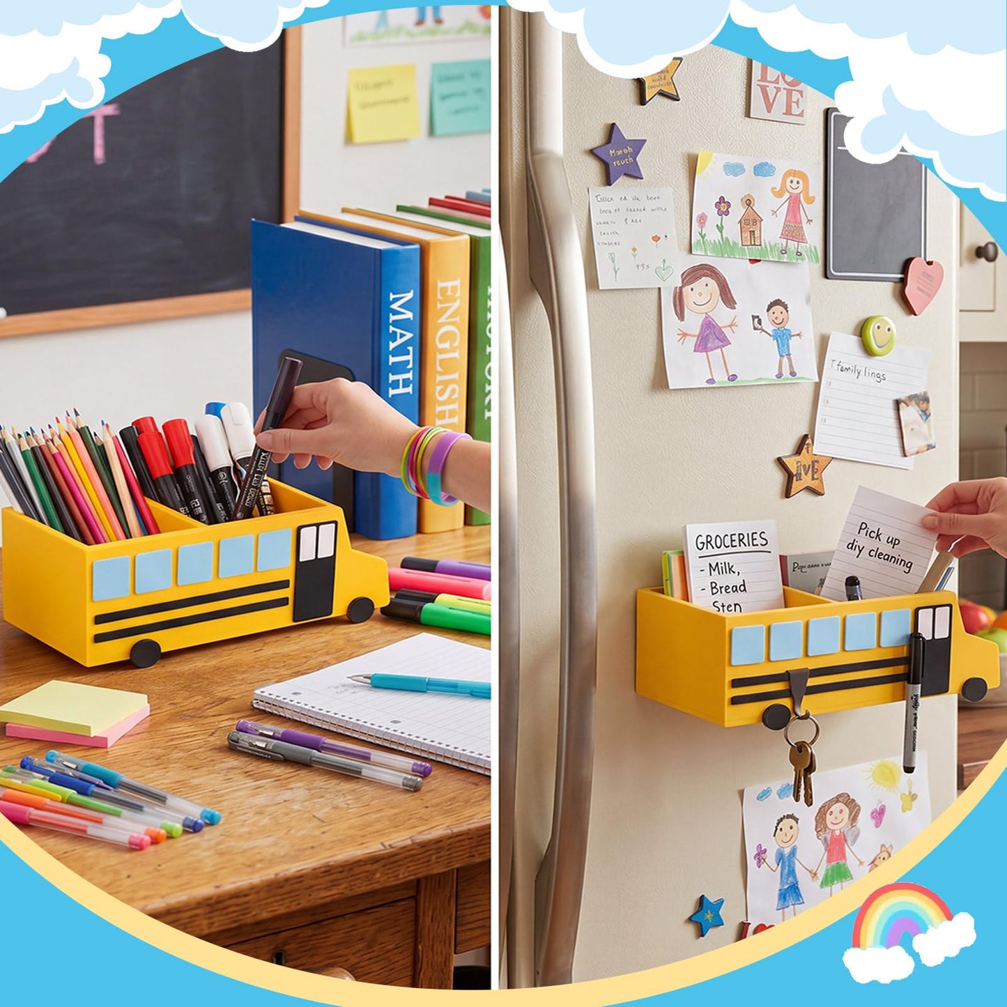 ReliThick Teacher Magnetic Pen Holder Magnetic School Bus Desk Organizer, Teacher Appreciation Gifts, Dry Erase Marker Holder with 4 Strong Magnets, Classroom Decor & Storage Bin