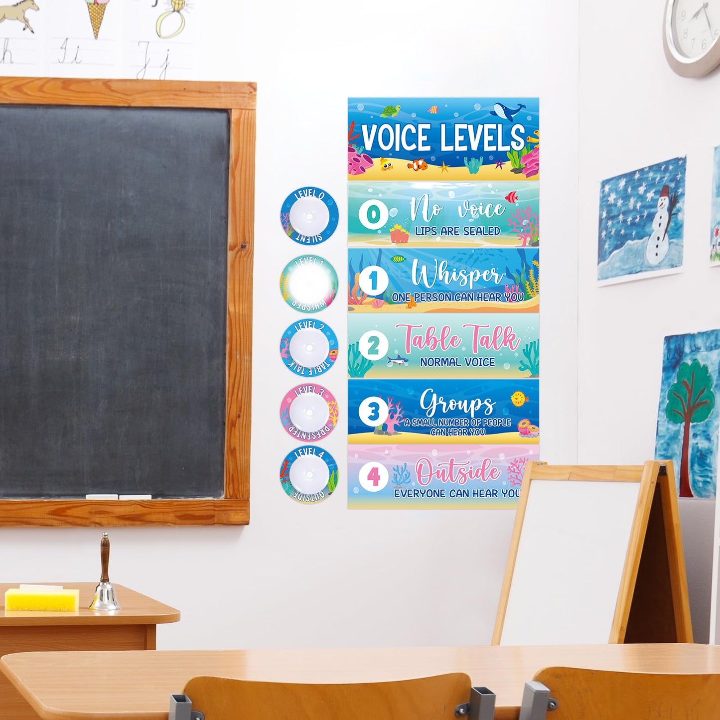 5 Pcs School Push Light and Voice Level Poster Voice Level Chart Monitor Rules Sign Under The Sea LED Tap Light Classroom Rules Poster Classroom Management Tools for Teachers(Ocean Animals Style)