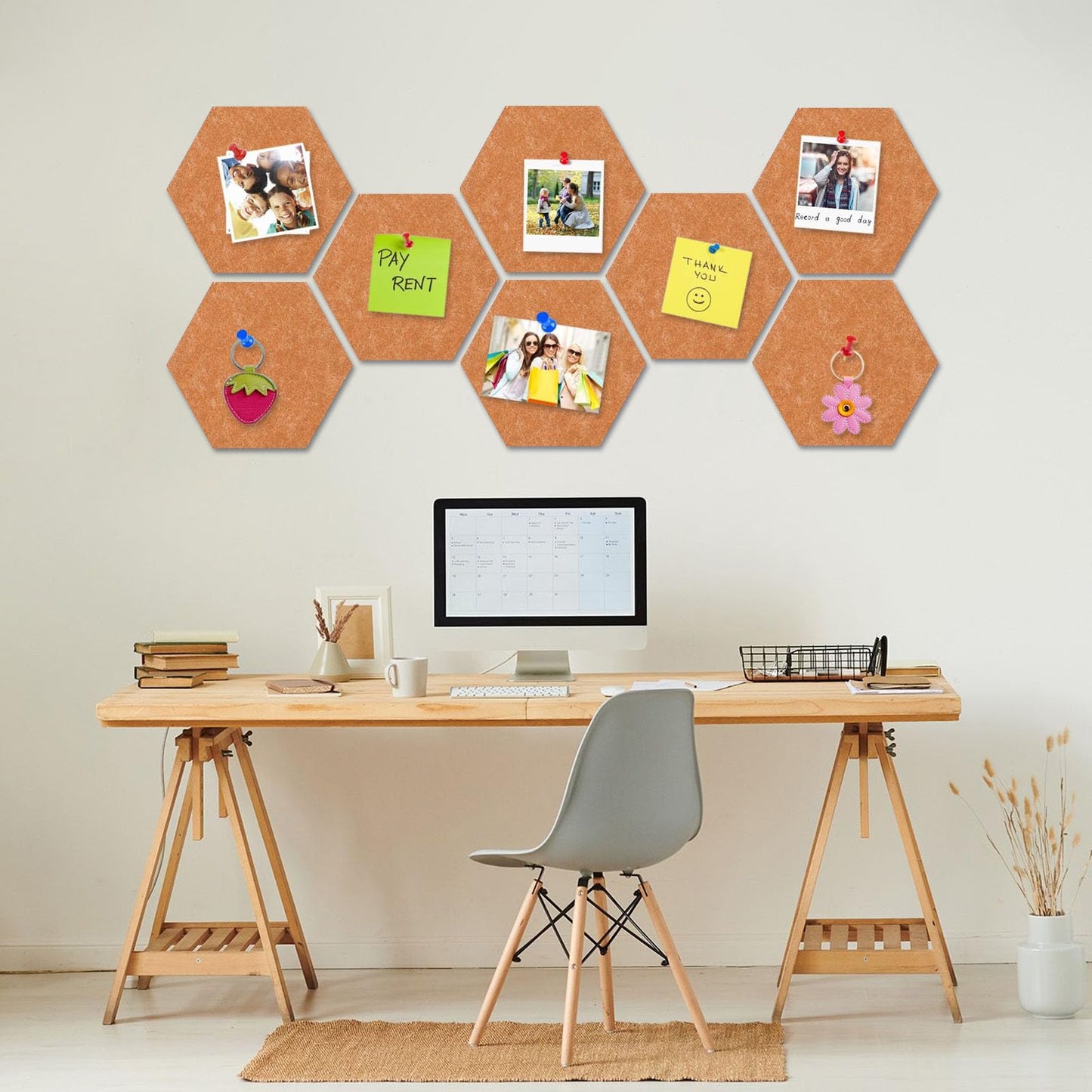 8 Packs Bronze Hexagon Felt Pin Board, 12" Bulletin Board with 30 Push Pins, Felt Board for Home Kitchen Office Decor, Self-Adhesive Corkboard Tiles for Walls Message Photos Memos Display