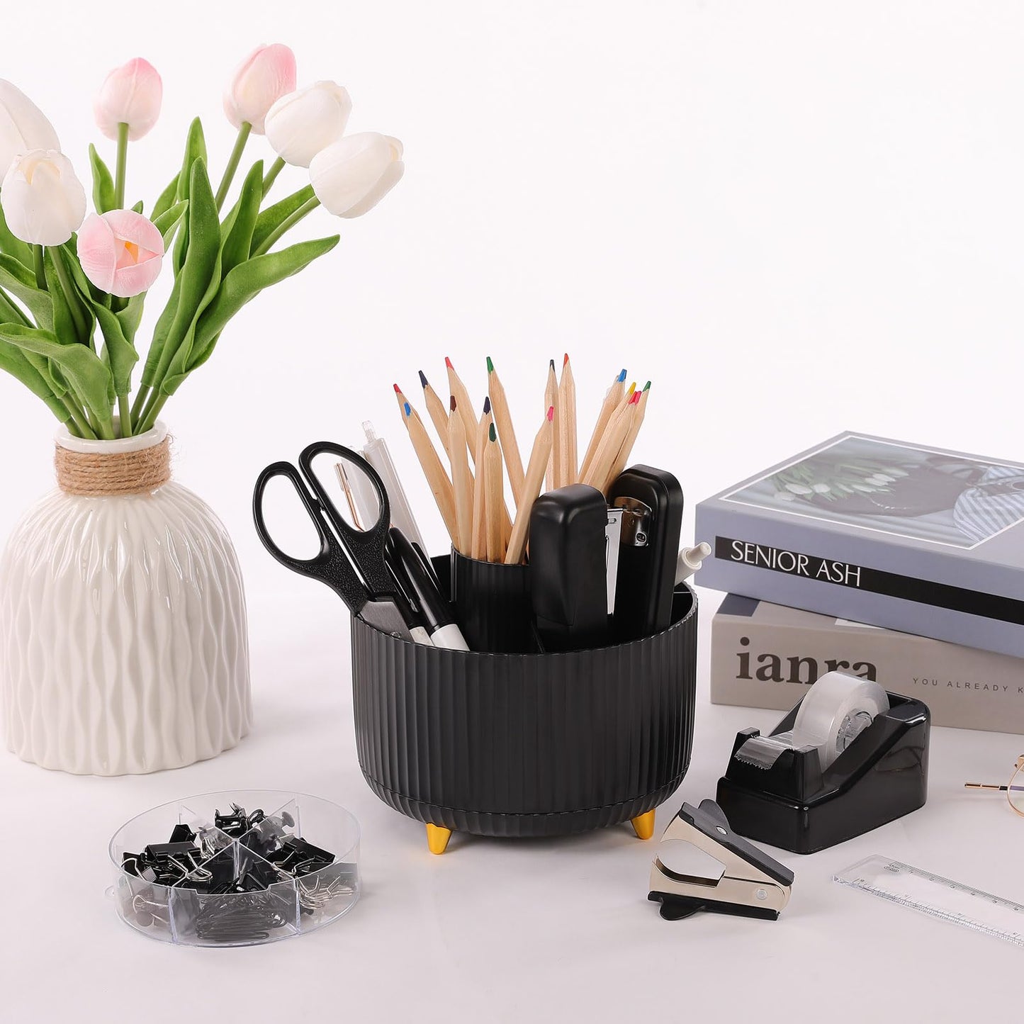 SKYDUE Black Office Supplies, Black Office Desk Accessories 10PCS, Pencil Holder for Desk, Stapler, Tape Dispenser, Scissors, Ruler, Clips and 1000pcs Staples, Desk Supplies Set