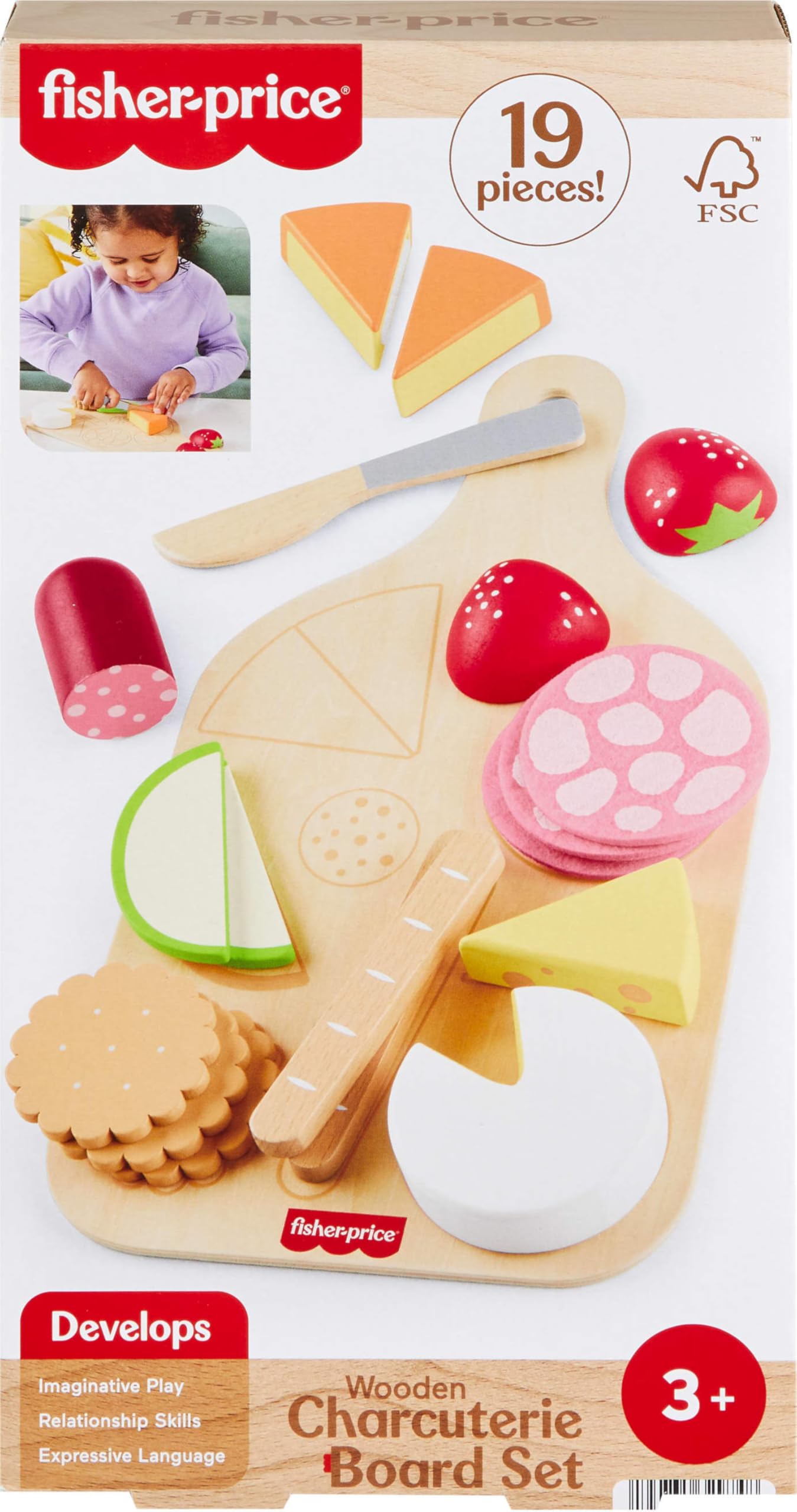 Fisher-Price Wood Pretend Play Toy Charcuterie Board Set, 19-Piece Playset with Wood & Fabric Food for Preschool Kids Ages 3+ Years