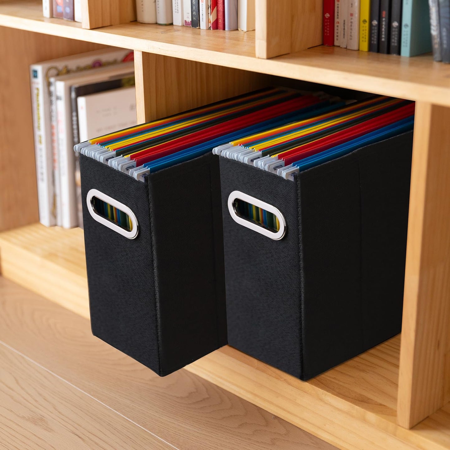 ComfortKeeper 4 Packs Letter Size File Organizer, File Folders Organizer, Fabric Storage Box, Collapsible Paper Organizer with Metal Handle, Smooth PVC Rails, Only Box (Black)