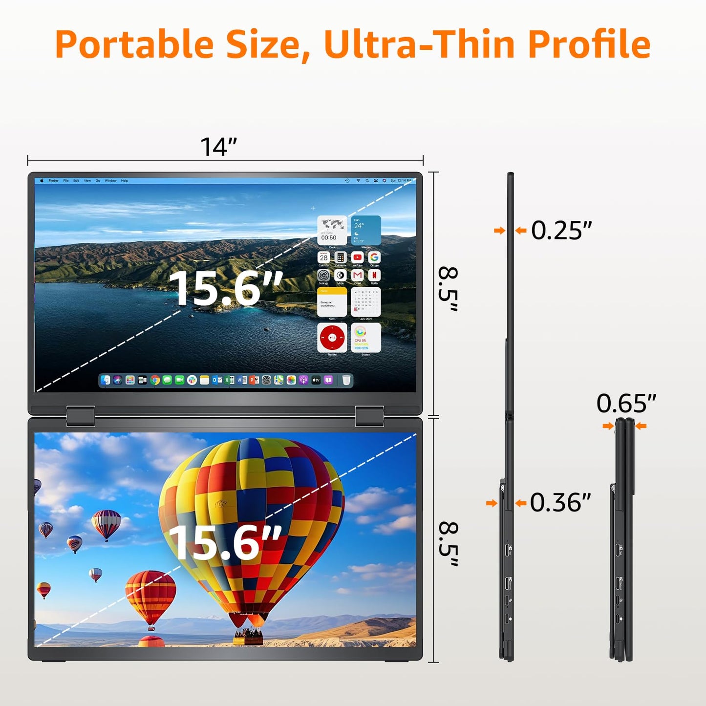 Upperizon Portable Monitor Foldable Dual Screen 15.6 inch FHD 107% sRGB IPS HDMI USB-C Travel Monitor for Laptop Mac PC Windows, DisplayLink Stacked Screen Extender with Kickstand, VESA Compatible