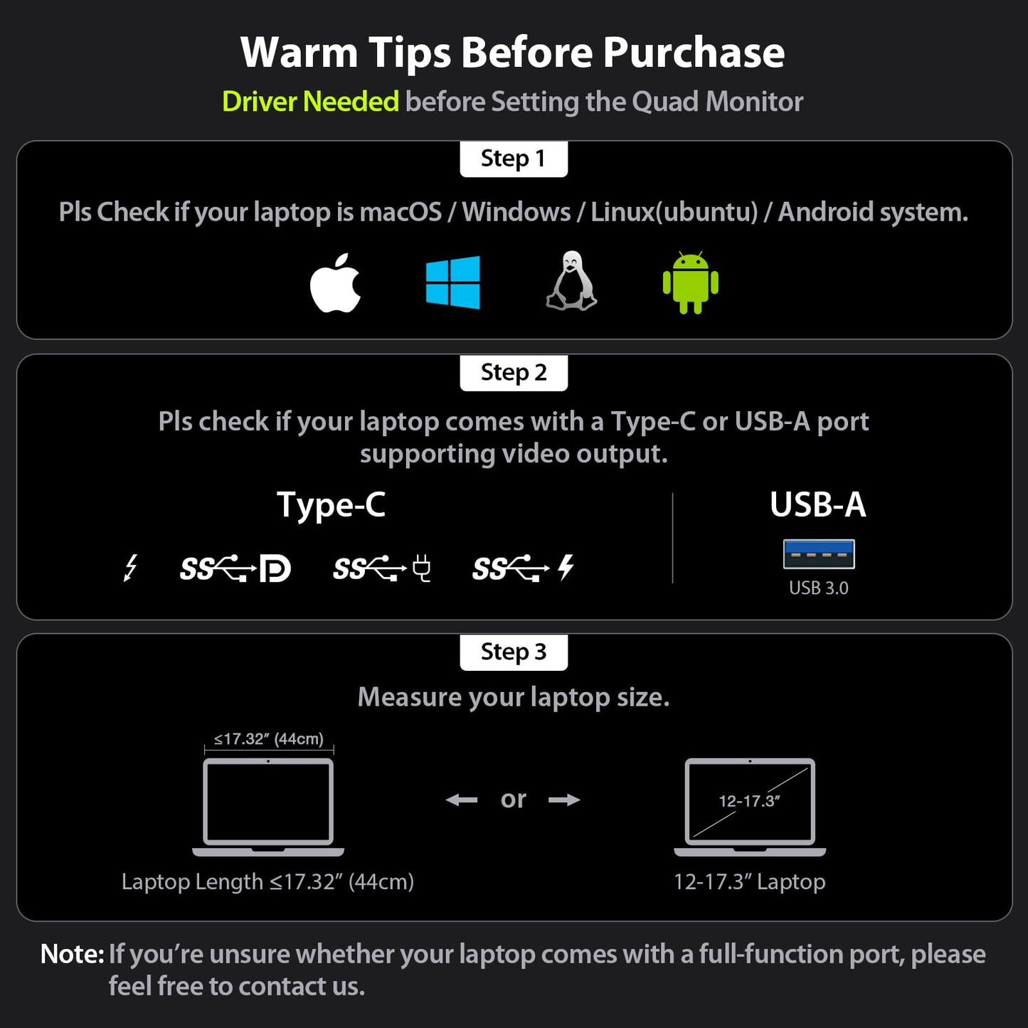 Triple Screen Laptop Monitor Extender, Quad Monitor 15.6” FHD 1080P Portable Triple Monitors, 1 USB-C Connection for 4 Screens, Integrated Aluminum Alloy, Auto Rotation Top Display for 12–17.3” Laptop