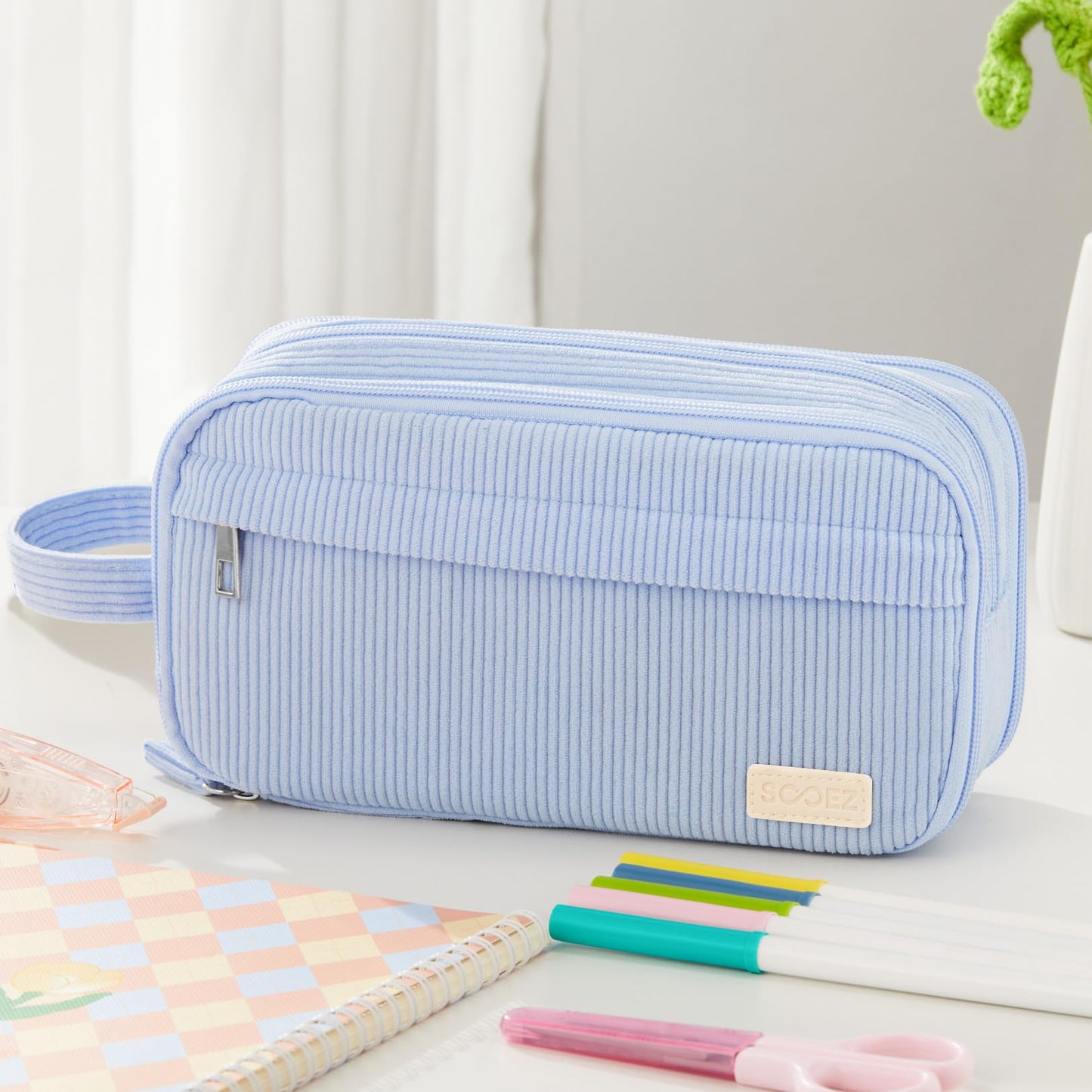 Sooez High Capacity Pencil Case, Soft Corduroy Pencil Pouch with 4 Compartments, Multiple Pockets, Large Pencil Bag with Sturdy Zipper, Cute Pencil Case Pouch Organizer for Student Teen Girls, Green