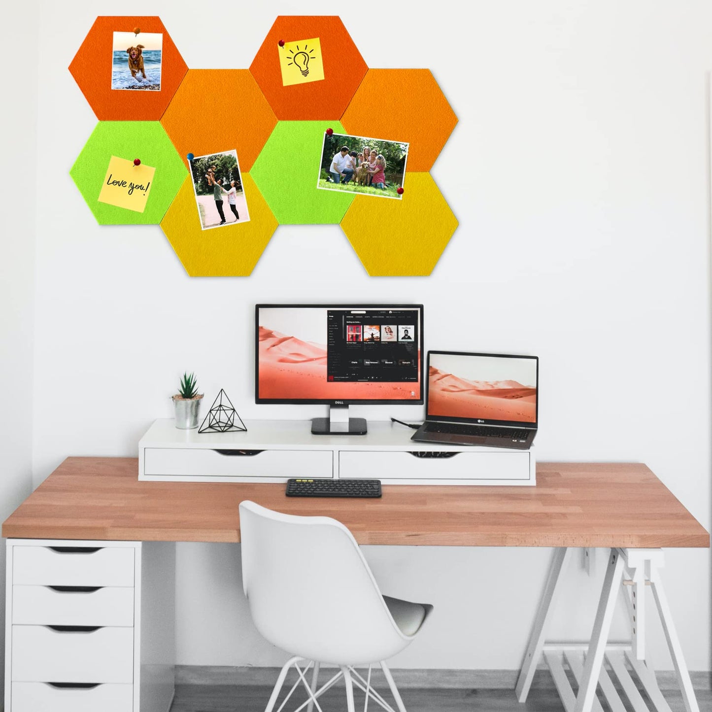 HULAVO 8Pcs Hexagon Felt Cork Board Tiles, Self Adhesive DIY Bulletin Board Pin Board for Office School Home Wall Decor Stickers Memos Photos Display (Gradual Orange)